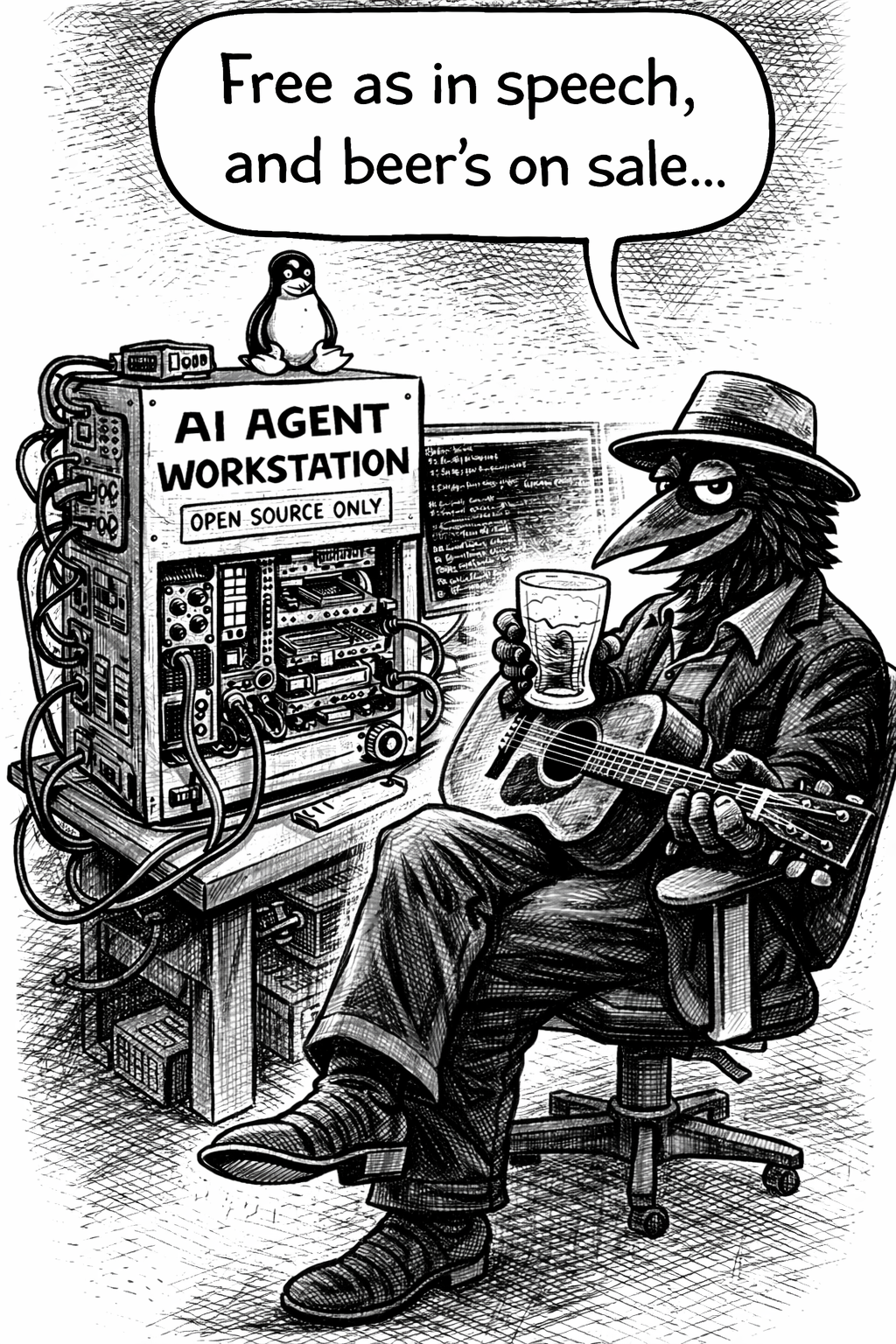 Crow Joe in the Age of AI comic - Crow joe the blues playing crow is sitting in front of his ai agent workstation displaying an open source only label. Crow joe is grinning wryly while holding a beer.  he says 'Free as in speech, and beer''s on sale...' this is an inversion of the free software advocate and GNU Project founder Richard Stallman quote saying free as in speech not as in beer.  crow joe''s local ai agent computer is able to easily create personalized software for himself.  he has open source software and the technical cost has been greatly reduced for him to create it.  he owns the means of production in the digital age of ai.